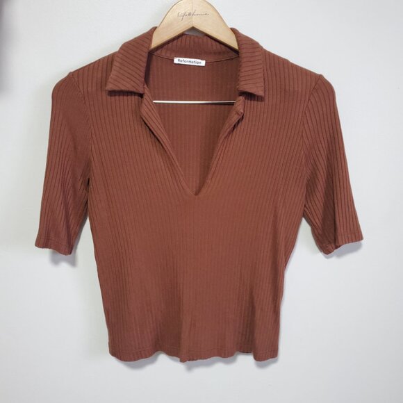 REFORMATION Thomas Knit Top Shirt Ribbed Collared V-Neck Chestnut Women's Small - Picture 3 of 14